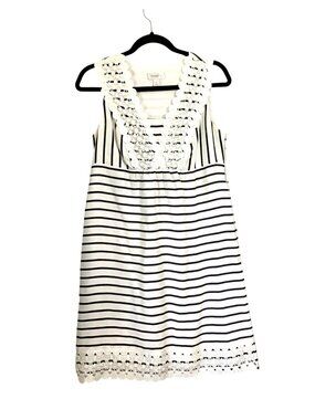 DRESSBARN WOMENS WHITE/NAVY STRIPE SIDE ZIP-UP CLOSURE KNEE LENGHT DRESS SIZE 8
